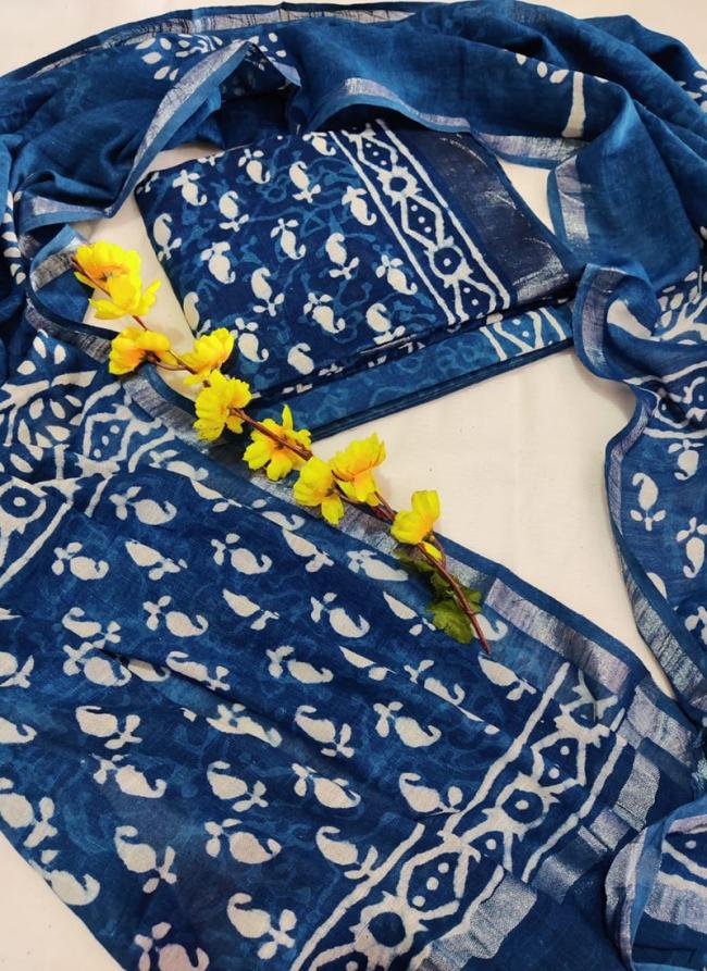 Linen Cotton Blue Casual Wear Bagru Print Dress Material